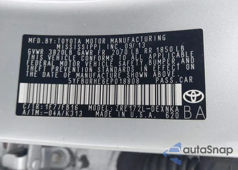 2014 Toyota Corolla Le Plus from USA, damaged, VIN 5YFBURHE6EP018808